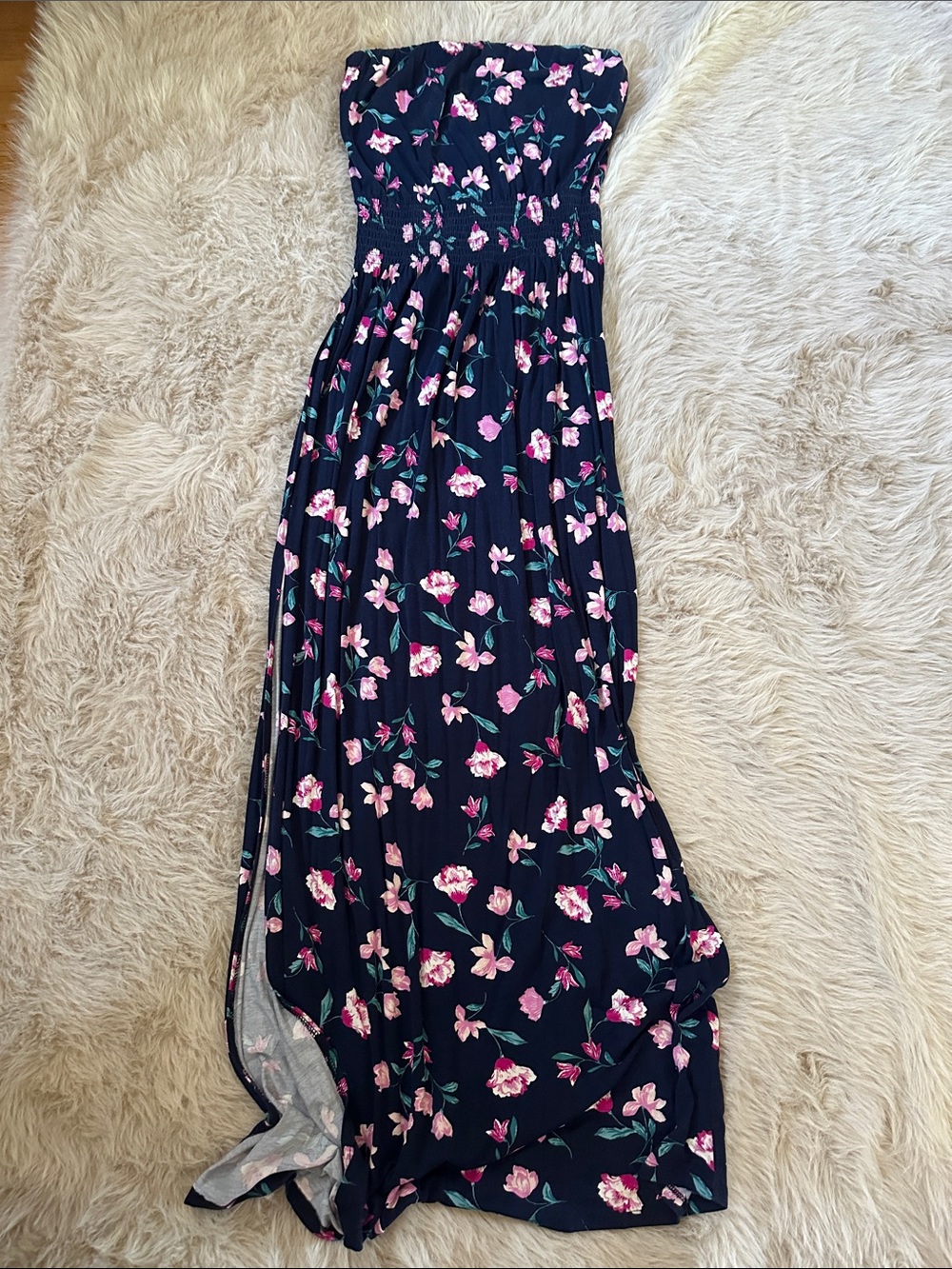 BP Navy Floral Strapless Maxi Dress with Pink Blooms